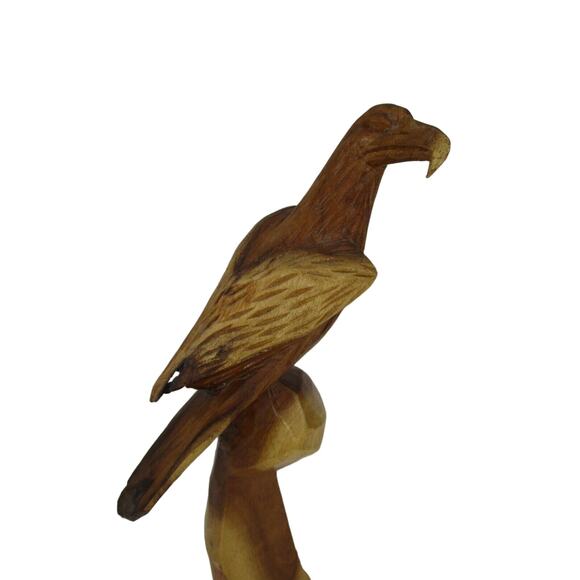 Hand Carved Bird Sitting on Log Wood Beautiful Bird Stained Natural 13" Tall - Picture 2 of 9